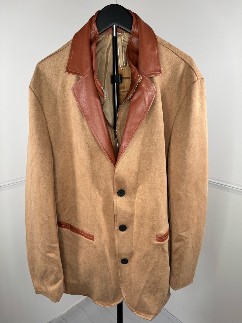 NWT Manly Men's Tan Suede Blazer Jacket Faux Leather Trim XL